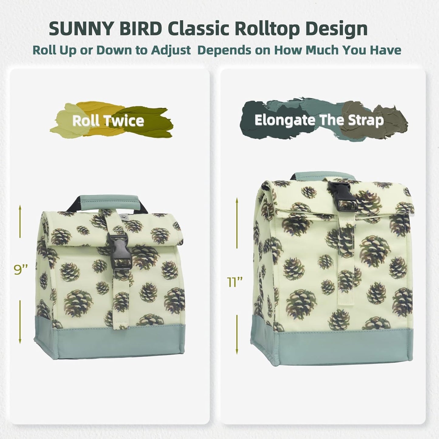 SUNNY BIRD Insulated Lunch Bag Rolltop Lunch Cooler Cute Lunch Box for Girls, Teens and Kids (Pinecone)