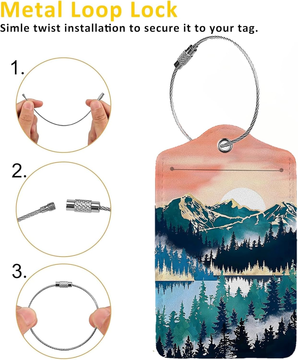 Mountain Forest Landscape Painting 2-Pcs Premium Leather Tags with Privacy Covers,Luggage Tag Stainless Steel Loops Ideal for Suitcases, Travel Bags, Backpacks