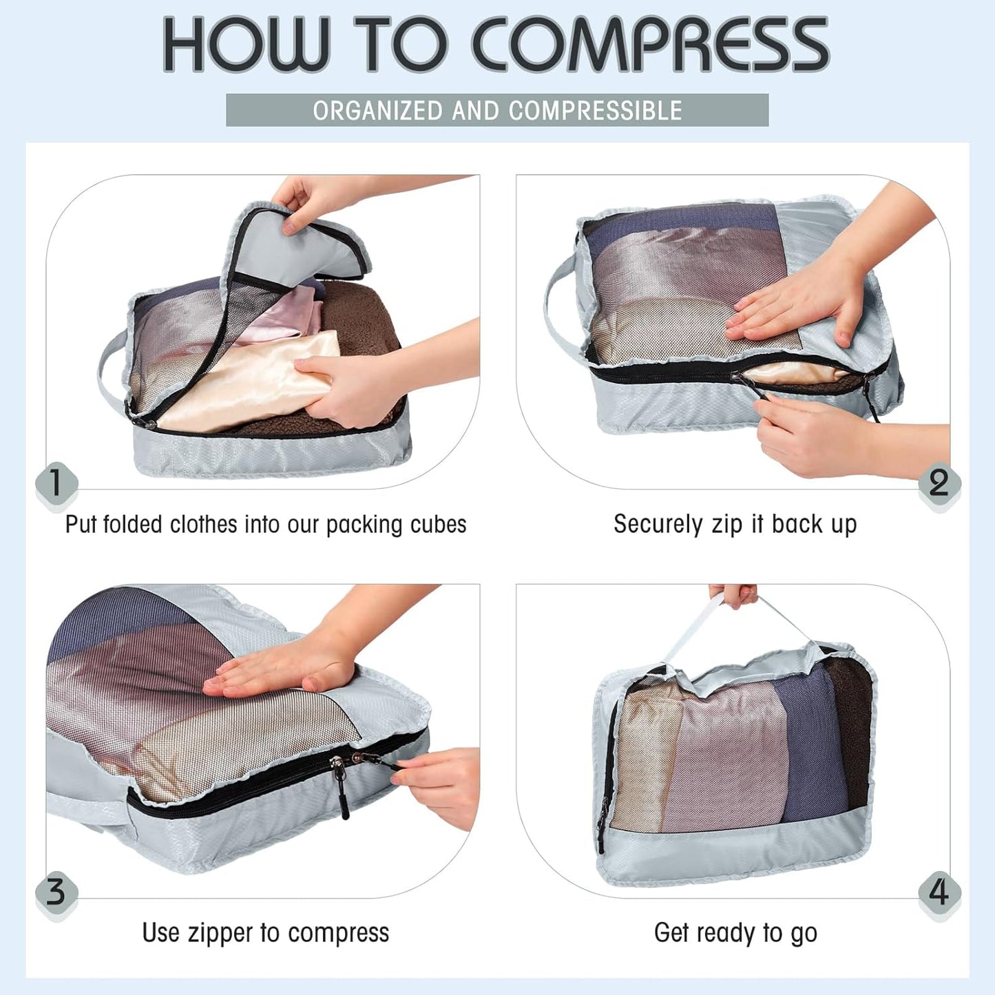 5 Pcs Packing Cubes for Suitcase Large Travel Cubes Carry on Luggage Organizer Bags for Clothes Accessories(L,Gray)