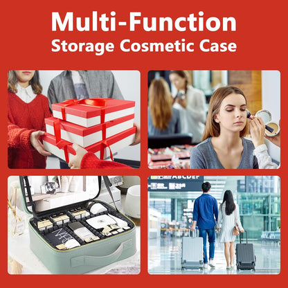 Travel Makeup Bag for Women and Makeup Artists Cosmetic Organizer Large Makeup Case,Travel Makeup Bag with Mirror 3 Color Setting,Portable Storage and Adjustable Dividers(red)