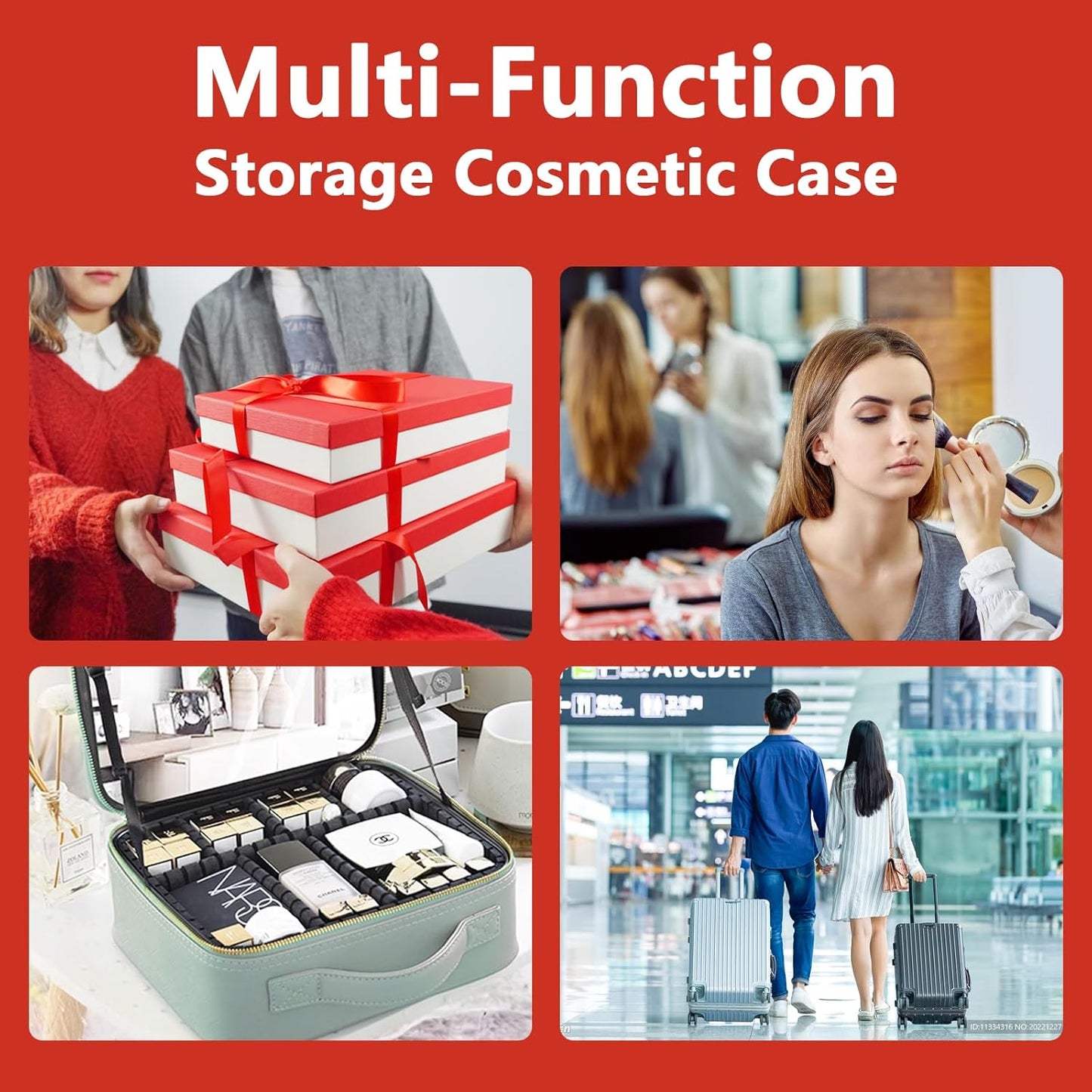 Travel Makeup Bag for Makeup Artists Large Makeup Case,with Mirror 3 Color Setting and Detachable 10x Magnifying Mirror Travel Makeup Bag,Portable Storage and Adjustable Dividers（red）