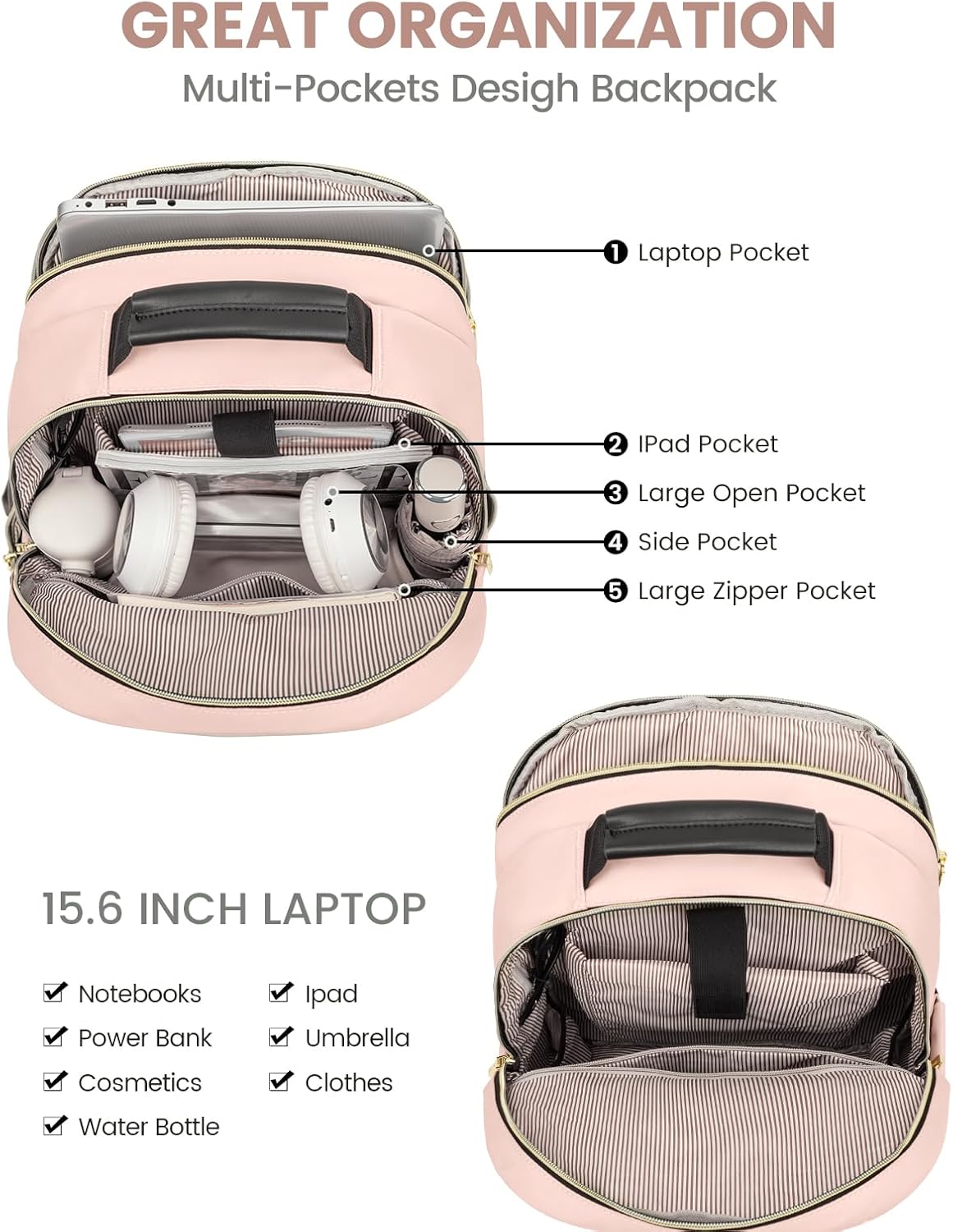 LOVEVOOK Laptop Backpack Purse for Women, Large Capacity Travel Business Computer Work Bag, Quilted Casual Nurse Backpack for Womens, Fit 15.6 Inch Laptop with USB Port, Nude