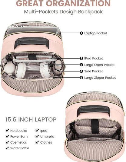 LOVEVOOK Laptop Backpack Purse for Women, Large Capacity Travel Business Computer Work Bag, Quilted Casual Nurse Backpack for Womens, Fit 15.6 Inch Laptop with USB Port, Nude