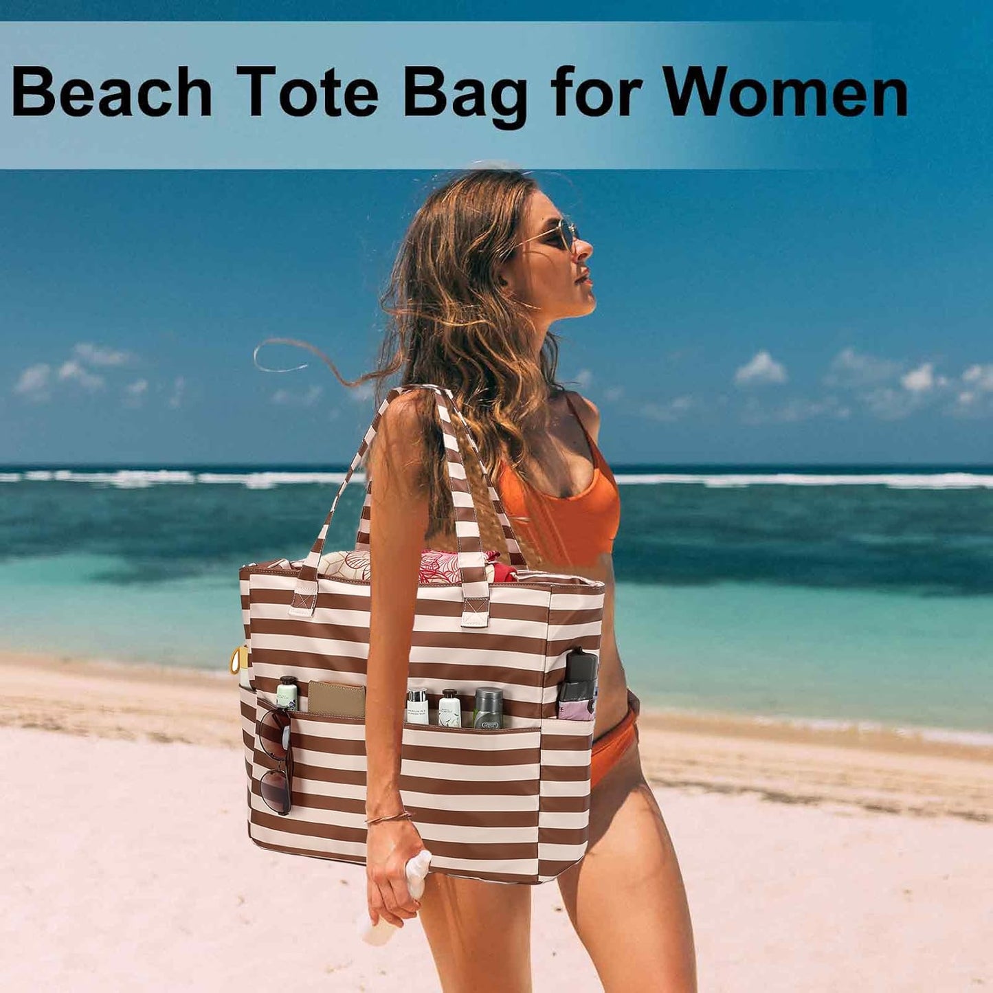 LEDAOU Beach Bag Waterproof Sandproof Women Tote Bag Pool Bag with Zipper for Gym Grocery Travel with Wet Pocket