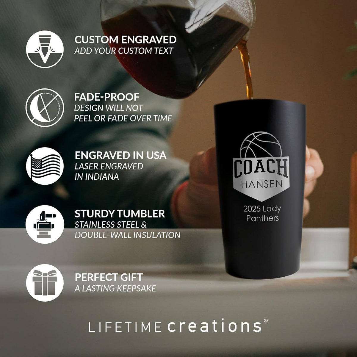 Lifetime Creations Personalized Basketball Coach Tumbler: Custom Basketball Coach Gift, Coaches Coffee Travel Mug from Team, Insulated Engraved Stainless Steel 20 Ounce Cup (Matte Black)