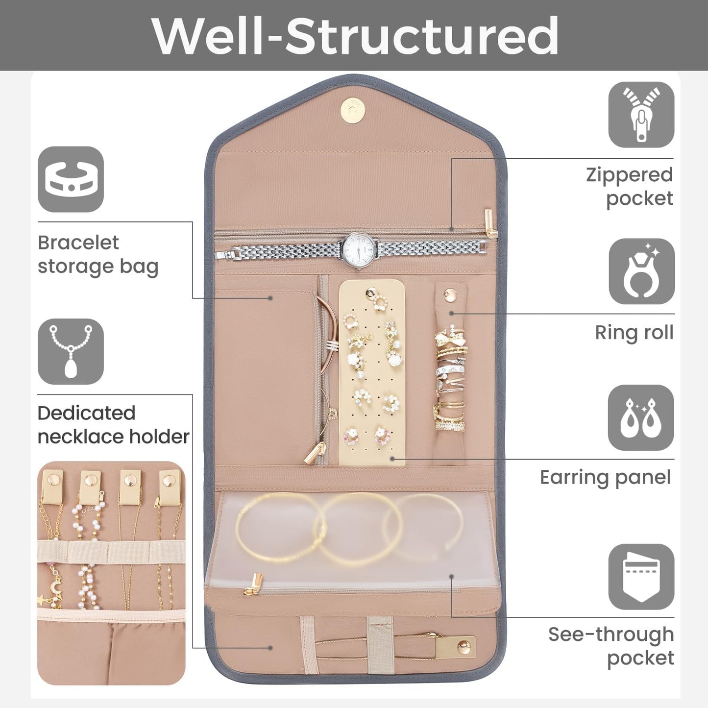 BAGAIL Hanging Toiletry Bag for Women Water-resistant Cosmetic Bag Large Capacity Travel Makeup Organizer for Full-Sized Travel Essentials(Classic+Jewelry Bag, Grey)