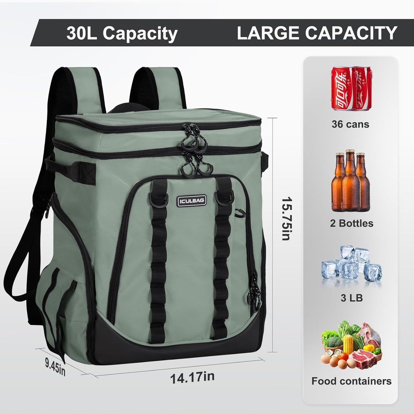Beach Cooler Backpack for Men 36cans Insulated Backpack Cooler Lunch Bag for Women Camping Hiking Picnic Travel for 18 Hours Cooling 30L