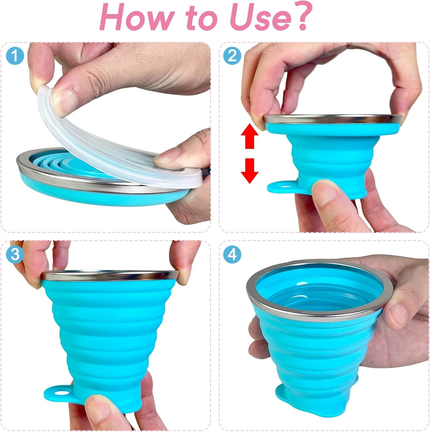 Silicone Collapsible Cup with Lid – Portable Collapsible Travel Cup for Hot and Cold Drinks – Leakproof Collapsible Cups for Camping, Hiking, Office (2 Pack)