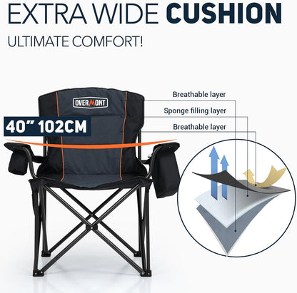 Overmont Oversized Folding Camping Chair - 450lbs Support with Padded Cushion Cooler Pockets - Heavy Duty Collapsible Chairs for Sports Garden Beach Fishing