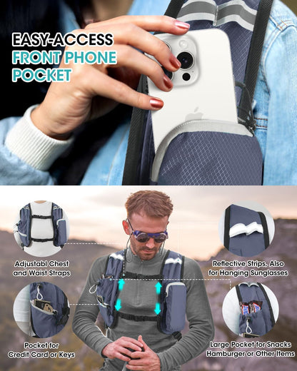 Small Hiking Backpack with Front Phone Holder, Packable Back pack with Chest and Waist Strap, Lightweight Daypack for Women Men