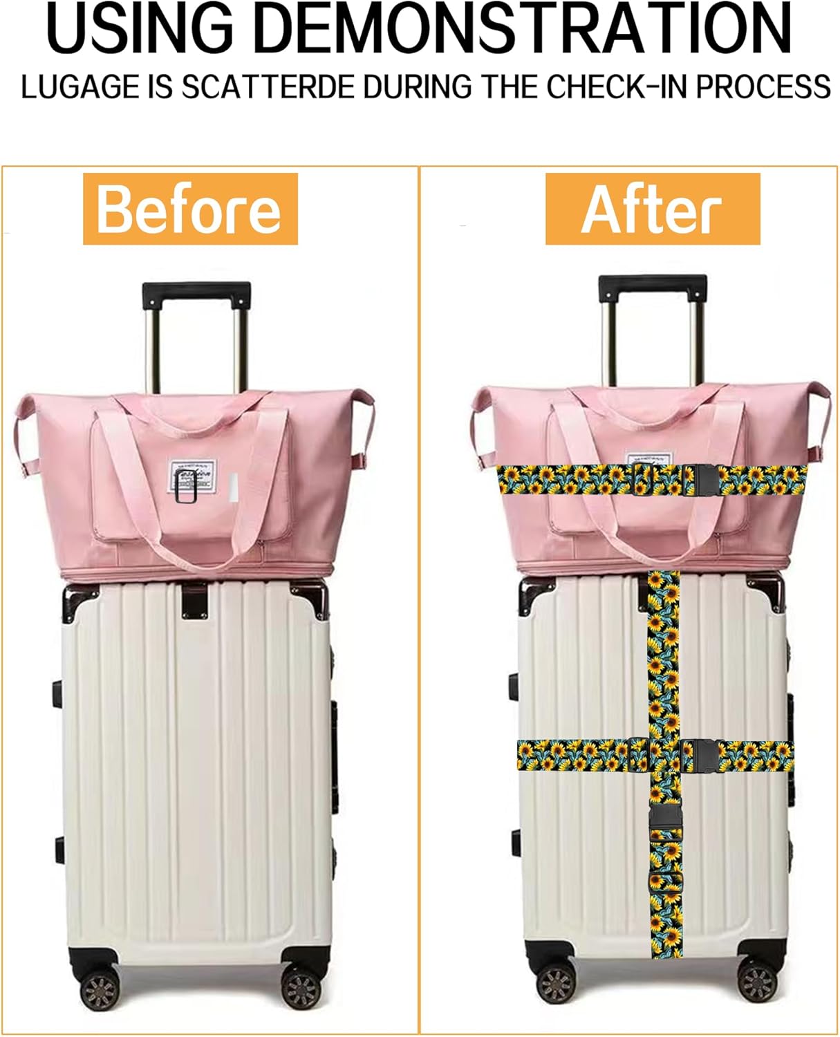 Luggage Straps for Suitcases, Adjustable Travel Belt, Durable Wide Luggage Strap, Cute Suitcase Strap Identifiers with Buckle, Bag Straps for Luggage, Cute Sunflowers Butterfly