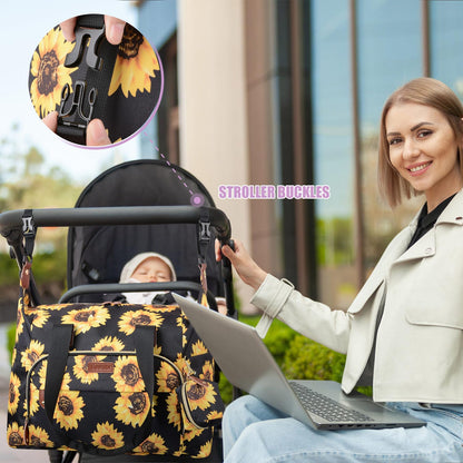 Tuwubi Diaper Bag Tote,Baby Diaper Bag with Pacifier Case Large Travel Diaper Tote Caddy for Mom and Dad Multifunction Large Baby Bag - Sunflower