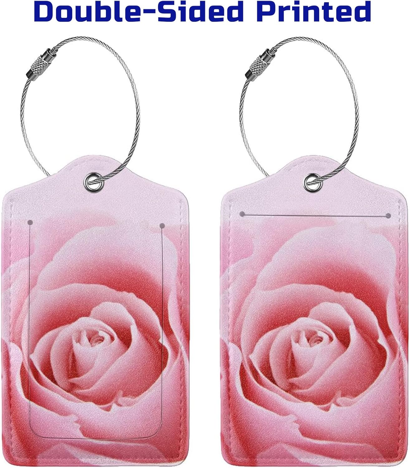 2 Pack Pink Rose Luggage Tags for Suitcases, Pretty Flower Leather Suitcase Backpack Bag Tags Identifiers with Privacy Cover Name Address Labels & Durable Steel Loop for Women Girls Travel