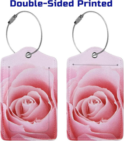 2 Pack Pink Rose Luggage Tags for Suitcases, Pretty Flower Leather Suitcase Backpack Bag Tags Identifiers with Privacy Cover Name Address Labels & Durable Steel Loop for Women Girls Travel