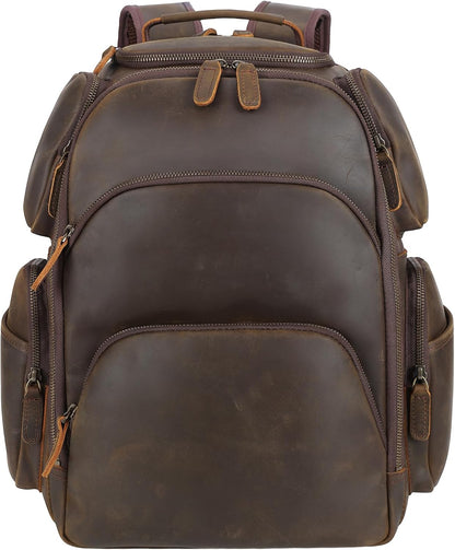 TIDING Vintage Full Grain Leather 16 Inch Laptop Backpack for Men Multi Pockets Travel Rucksack Weekend Business Daypack_Large