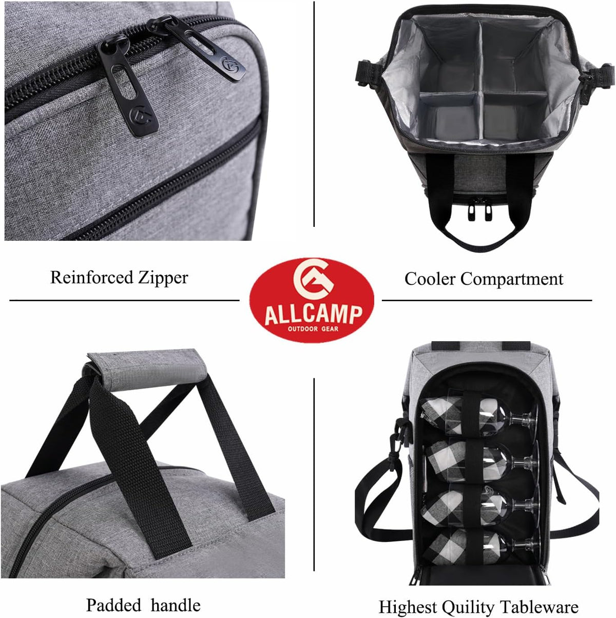 ALLCAMP 4 Bottle Wine Gift Bag - Insulated Tote Cooler, Adjustable Strap, Includes 4 Wine Glasses, Napkins & Corkscrew, Portable Travel Gifting(Gray)