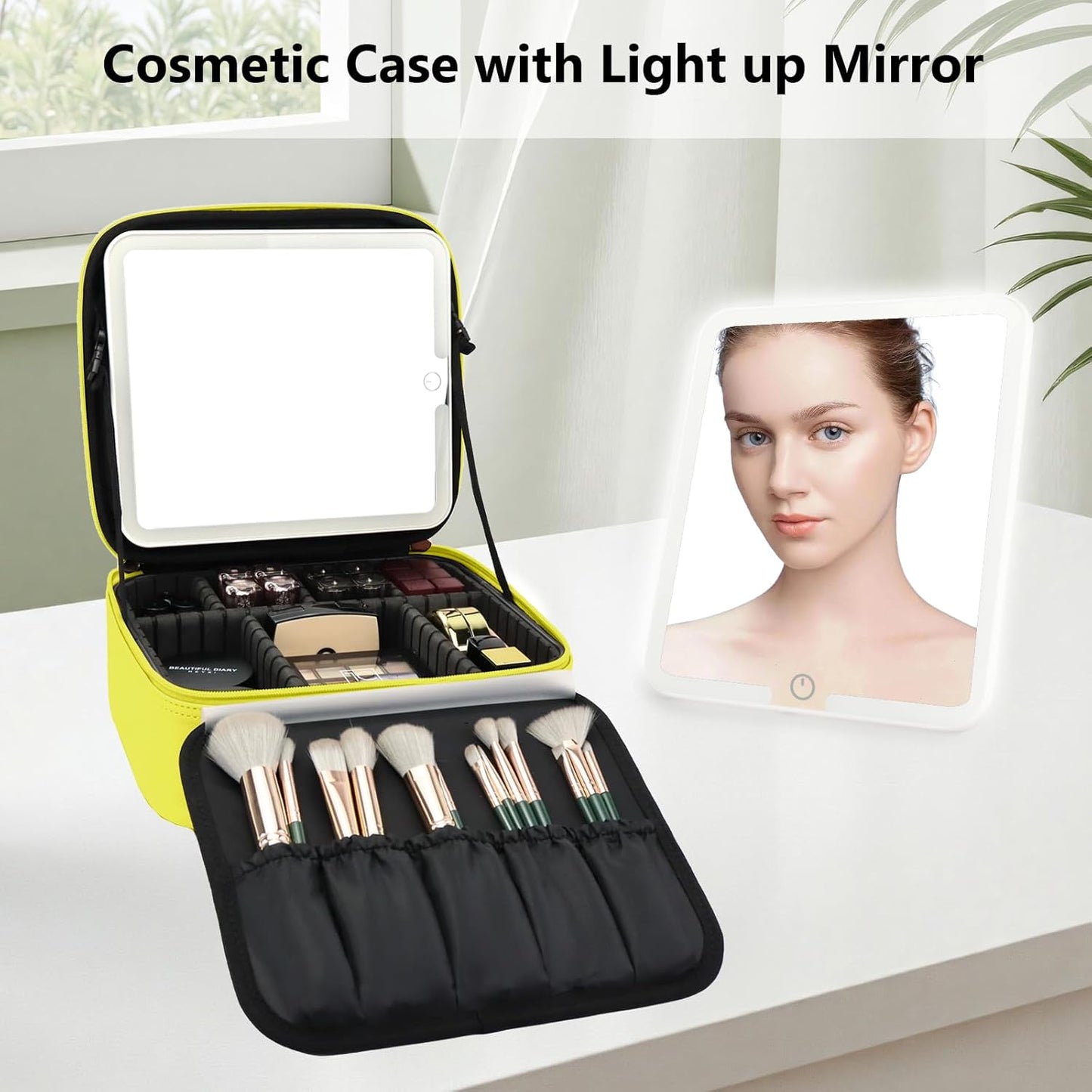 Travel Makeup Bag with LED Mirror Travel Makeup Organizer with 3 Lighted Settings, Adjustable Dividers and Makeup Brush Storage Bag Yellow