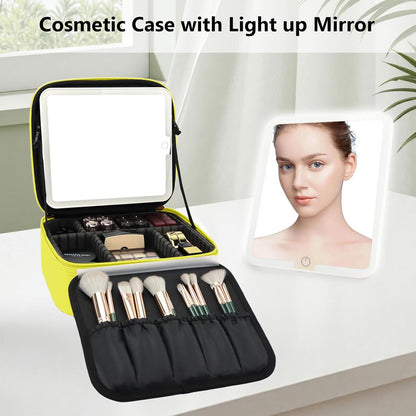 Travel Makeup Bag with LED Mirror Travel Makeup Organizer with 3 Lighted Settings, Adjustable Dividers and Makeup Brush Storage Bag Yellow