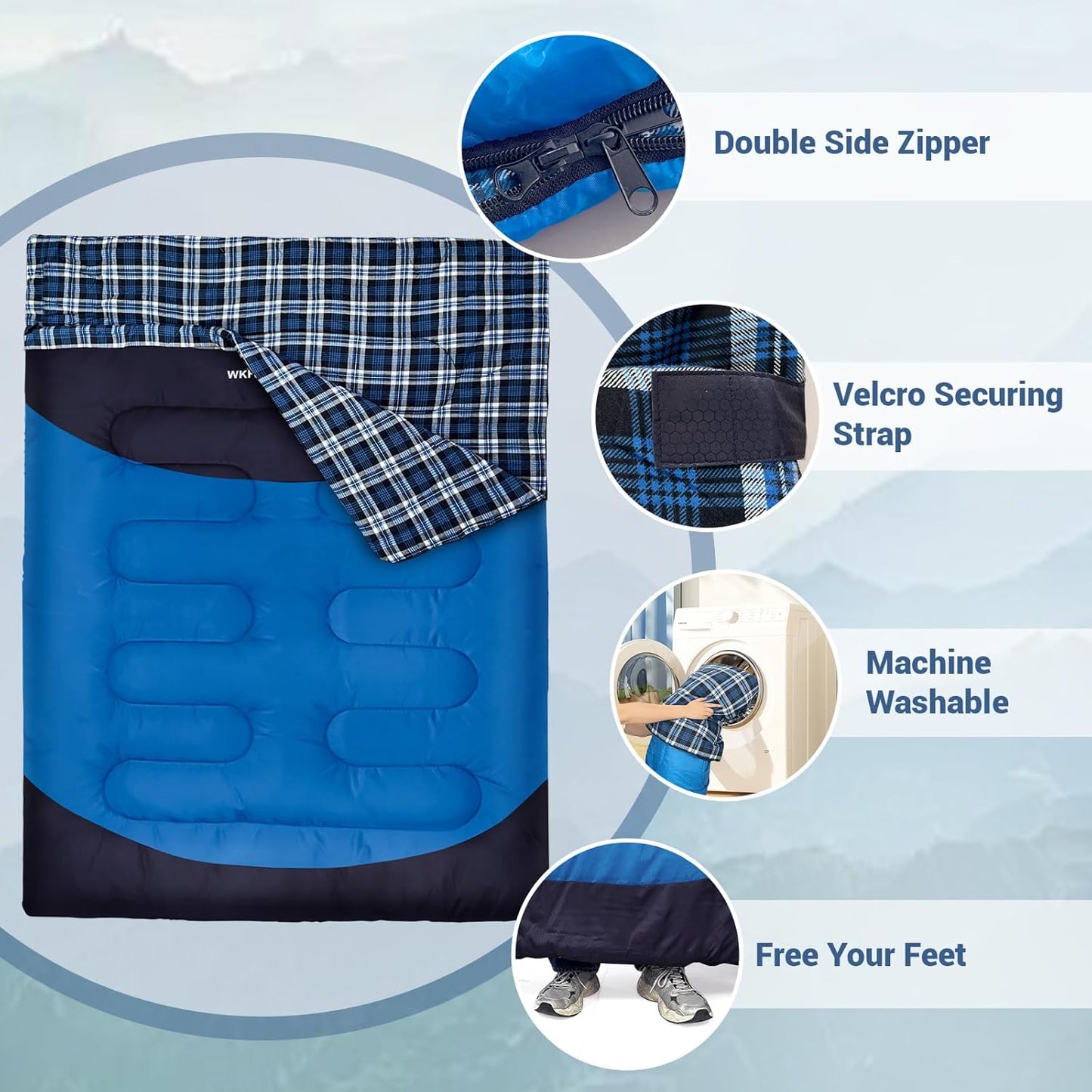Double Sleeping Bag for Adults Machine Washable 2 Person Camping Sleeping Bag Queen Size Waterproof with Compression Sack for Cold Weather 3-4 Seasons