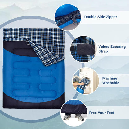 Double Sleeping Bag for Adults Machine Washable 2 Person Camping Sleeping Bag Queen Size Waterproof with Compression Sack for Cold Weather 3-4 Seasons