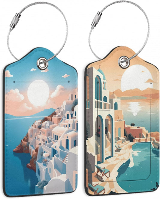 Greek Island Sunset Landscape On The Sea Luggage Tags for Suitcases, 2 Pack Cute PU Leather Suitcase Tag Identifiers with Address Card for Baggage Tag