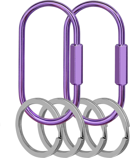 Key Chain, Brass Key Rings 2 Pack Screw Lock Key Organizer with 4 Rings Carabiner Keychain Clip for Men and Women