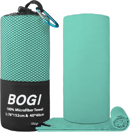BOGI Microfiber Travel Sports Towel-Quick Dry Travel Soft Lightweight Absorbent Compact Sports Towel for Camping Gym Beach Bath Yoga Swimming Backpacking (L:60''x30''+16''x16''-Mint)