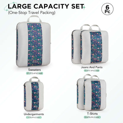 6 Set Compression Packing Cubes for Travel Essentials,Compressible Expandable Packing Cubes for Suitcase,OlarHike Luggage Organizer Bags for Travel(Dark Blue Floral)
