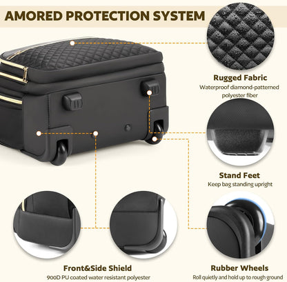 Small Rolling Backpack for Women, Lightweight Travel Backpack with Wheels, Roller Backpack for Adults, Water Resistant Rolling Laptop Bag, Wheeled Underseat Carry On Luggage, Black Gold