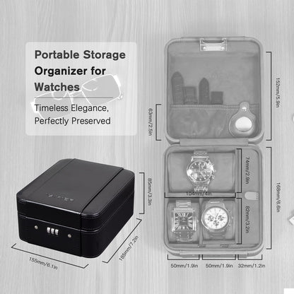 KAMIER Watch Case with Combination Lock - 4 Watch Storage and Jewelry Organizer - Watch Travel Case for Ring and Watch Storage, PU Leather Travel Watch Case, Ideal for Gift (With Gift Box),Black