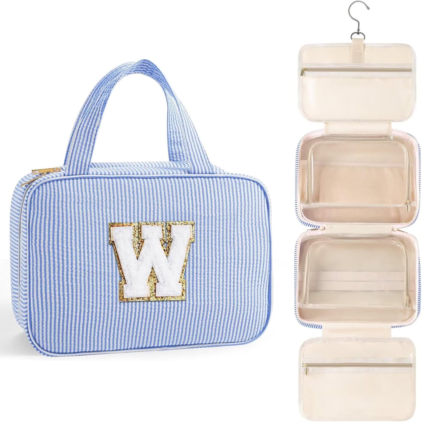 TOPEAST Hanging Toiletry Bag for Women - Travel Toiletry Bag Makeup Bag, Portable Toiletries Cosmetic Bag, Airplane Travel Essentials - Letter W, Blue