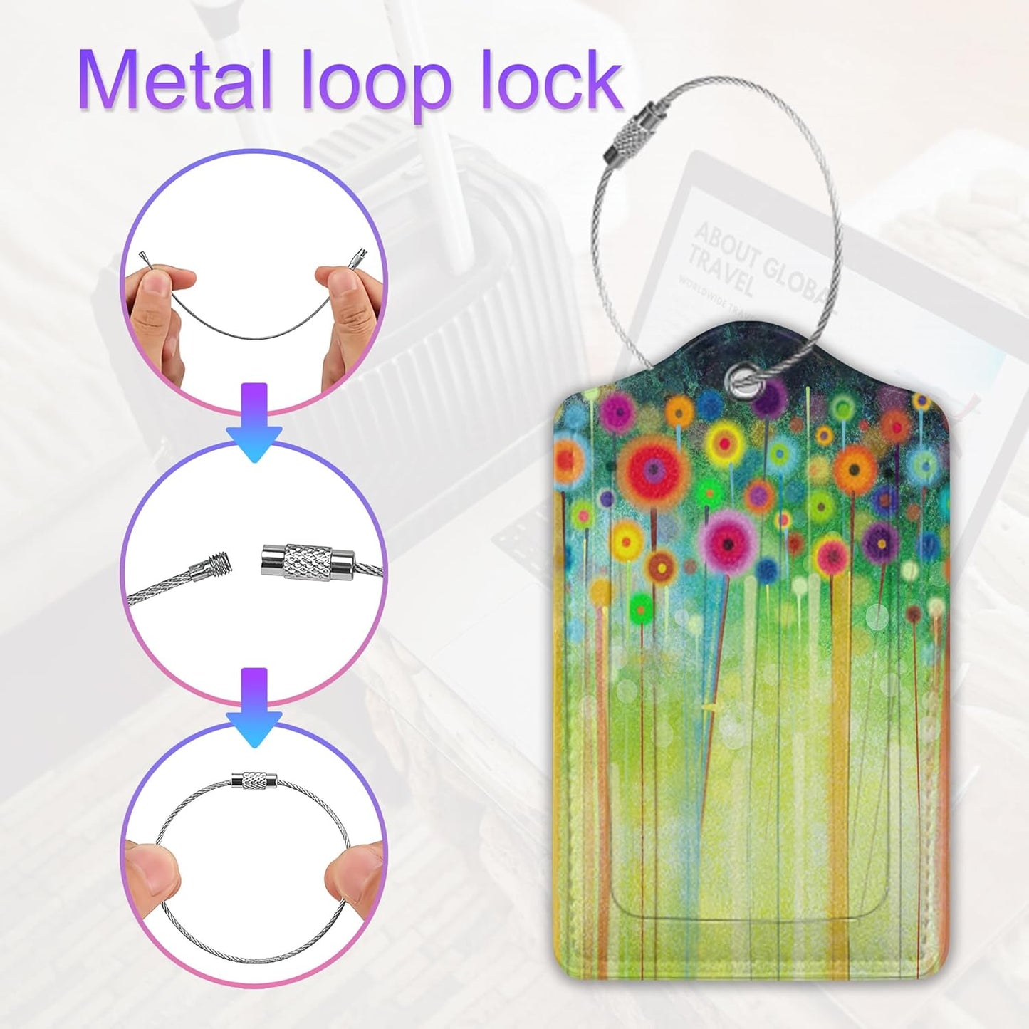 Spring Flowers Luggage Tag for Suitcase,Watercolor Travel Tags with Privacy Cover ID Label & Stainless Steel Loop for Men Women