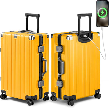 Krute Checked Aluminum Frame Suitcase 24 Inch Zipperless Luggages Hardside PC Luggage With Spinner Wheels TSA Lock USB Charger Suitcases(1 Piece)