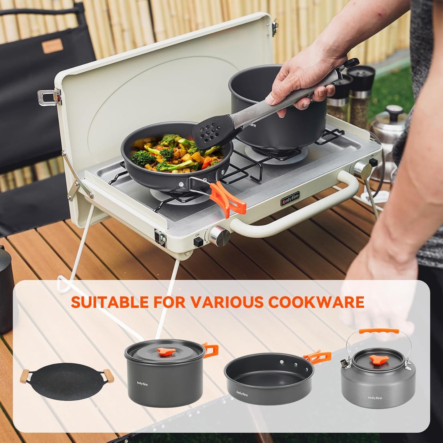 ONLYFIRE OUTDOOR LIVING Portable Camping stove 2-Burner, Propane Gas Stove with Foldable Legs, Camp Stove for Camping, Patio, Backyard, Picnic, Tailgating, RV, BBQ, GS331 Off-white