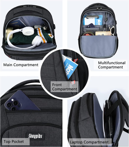 Backpack for Men Women, School Backpack, Large Quilted College Bookbag for Men, Water Resistant Travel Work Backpacks, Business Computer Back Pack with USB Charging Port, Fits 17" Laptop Black