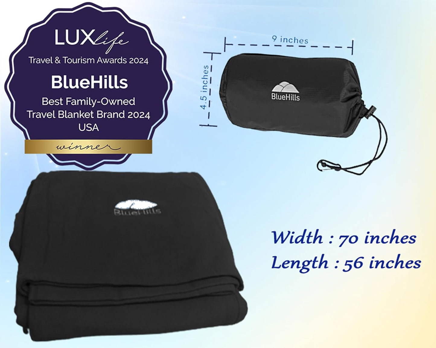 BlueHills Ultra Compact Travel Blanket Pillow in Portable Bag Case with Hand Luggage Belt & Backpack Clip Premium Cozy Soft Compact Pack Large Blanket for Airplane Flight Layover Black C003