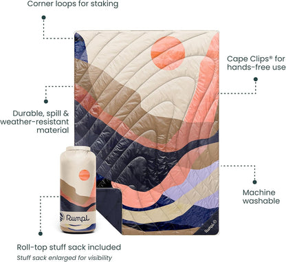Rumpl Original Puffy Blanket - Warm, Water-Resistant Camping Blanket with 100% Recycled Synthetic Insulation, 52"x75", Original Puffy V2, Valley Dawn