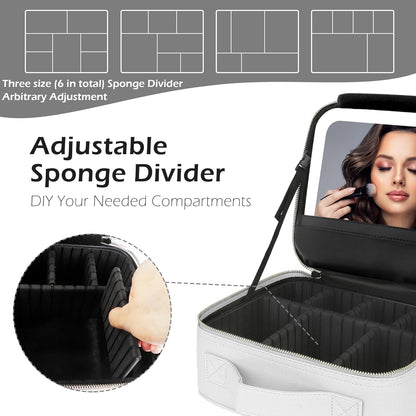 MOMIRA Travel Makeup Bag Cosmetic Bag Makeup Organizer Bag with Lighted Mirror, Adjustable Brightness in 3 Color Scenarios, Waterproof Makeup Train Case, Gift for Women - Silver