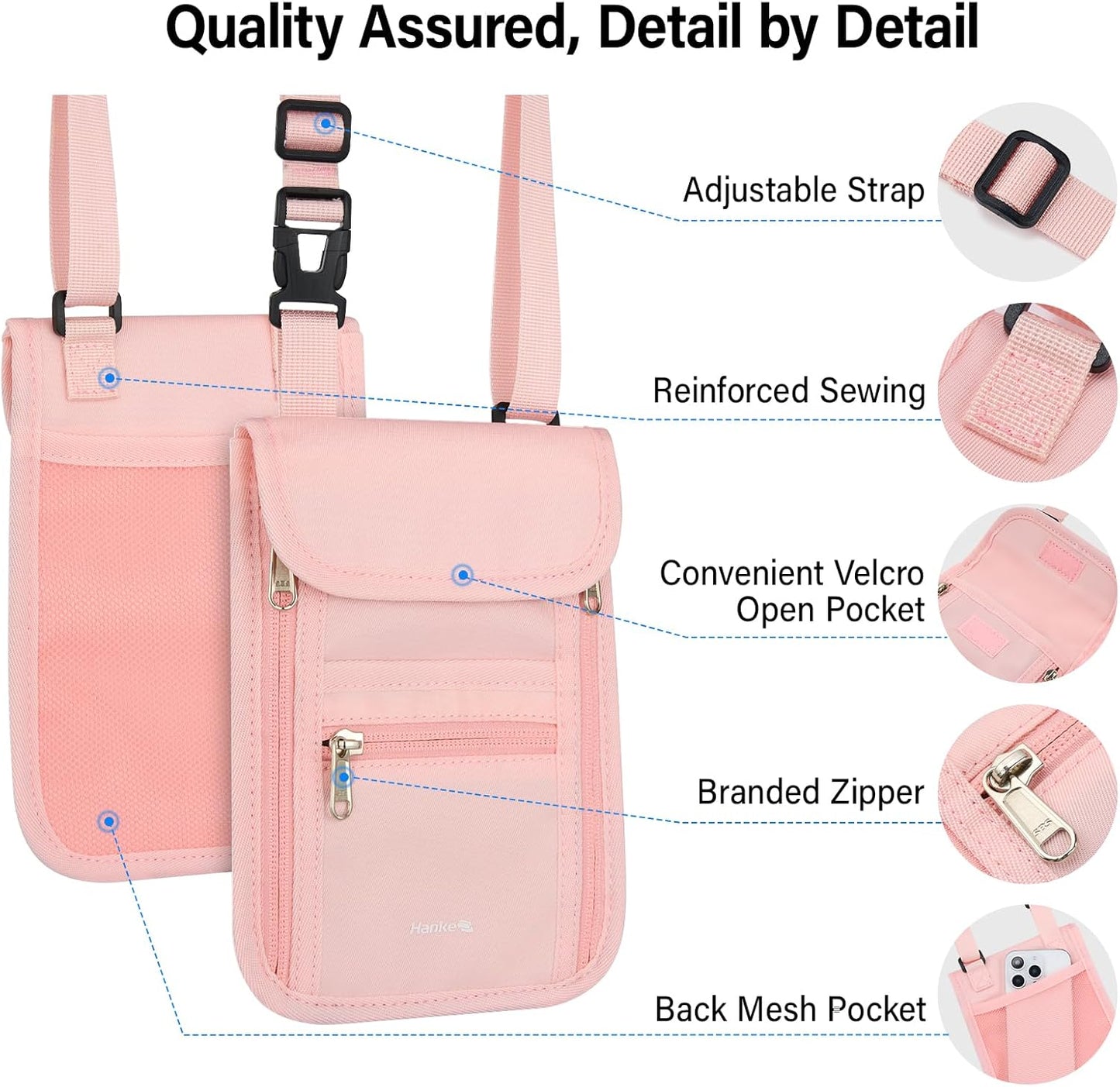 Hanke Passport Holder, Travel Wallet for Womens and Men, Neck Wallet Hidden Passport Pouch for Travel Adjustable Lightweight Thin with 6 compartments (Pink)