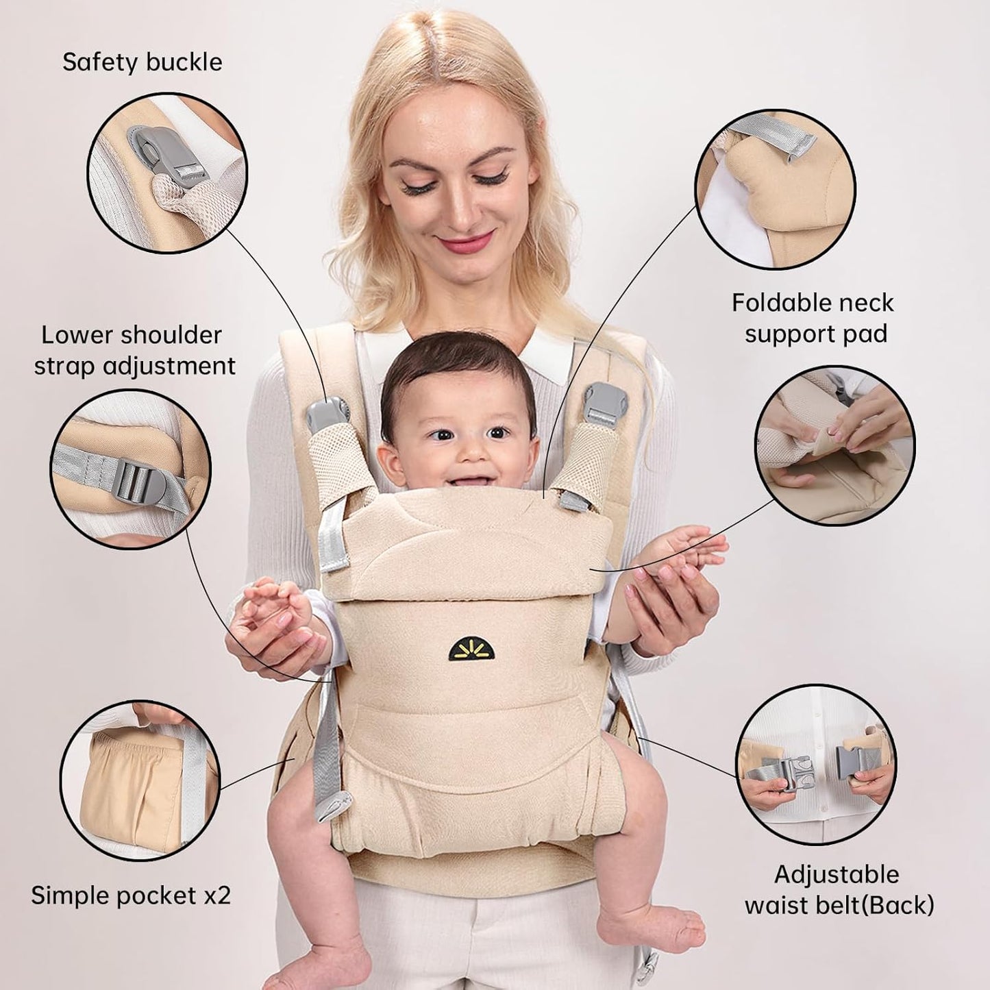 Baby Carrier for Newborns to Toddlers, Adjustable, Ultra-Soft and Weightless, Ergonomic Baby Carrier with Head Support, Baby Travel Gear, Baby Essentials (Beige),