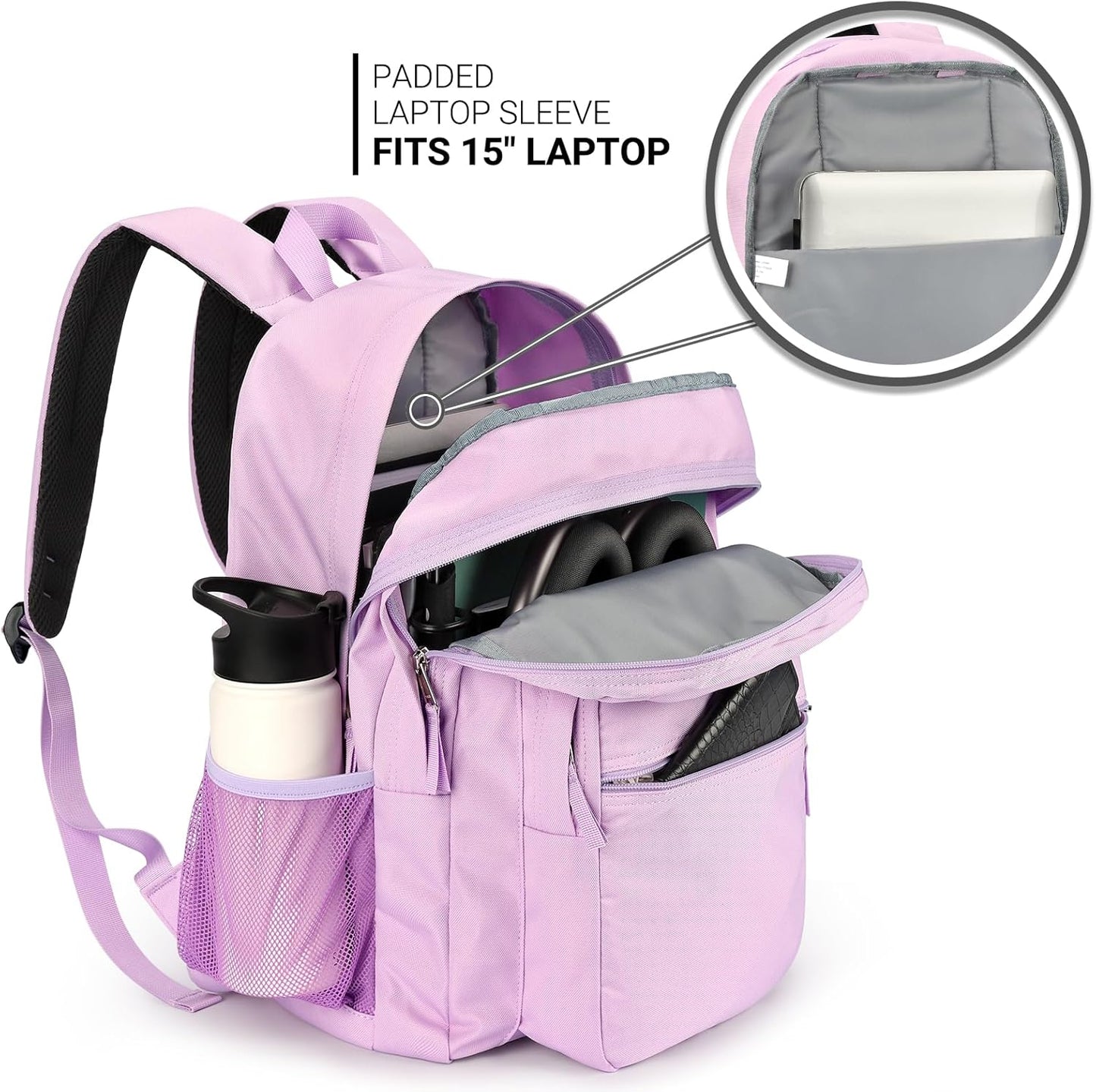ZORFIN 26L Backpack for College, and Travel: Water Resistant Bookbag - Light Purple