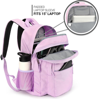 ZORFIN 26L Backpack for College, and Travel: Water Resistant Bookbag - Light Purple
