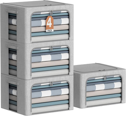 4 Pack Clothes Storage Bins with Metal Frame - Linen Fabric Foldable Stackable Container Organizer Set with Clear Window & Carry Handles & Zippers (Light Grey, 15.7"x11.8"x7.8")