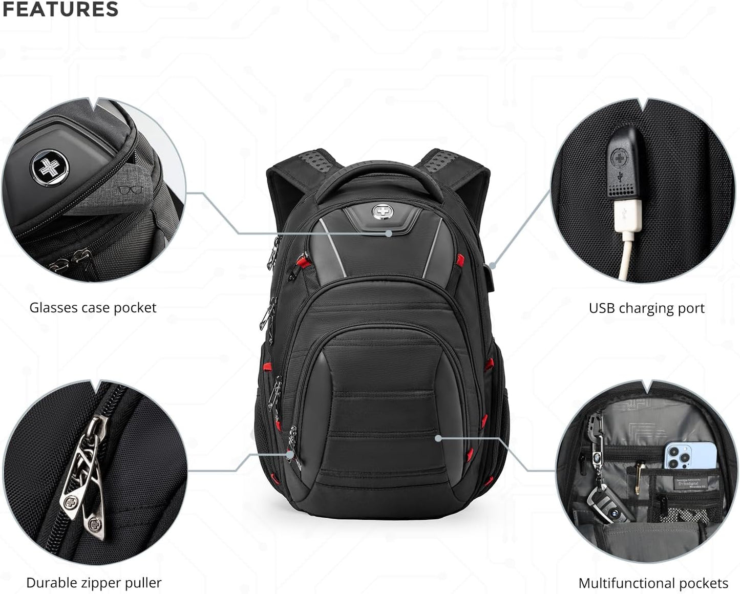 Swissdigital Design Men's Laptop Backpack for College and Business Travel with Integrated USB Charging Port and RFID Protection Fits Laptops up to 15.6 in, Black | J14-BR