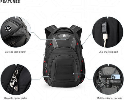 Swissdigital Design Men's Laptop Backpack for College and Business Travel with Integrated USB Charging Port and RFID Protection Fits Laptops up to 15.6 in, Black | J14-BR