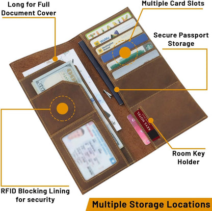 WANDERINGS Genuine Leather Passport Wallet - 4.25 x 9 - Large Leather Passport Holder for Travel - Folding Leather Travel Wallet Case with RFID Blocking, Travel Organizer for Men and Women