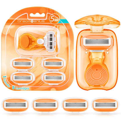 DreamGenius Travel Razors for Women Include 1 Handle and 5 Cartridges, Extra Smooth 5-Blade Travel Essentials Razor with Case for Shaving, Orange