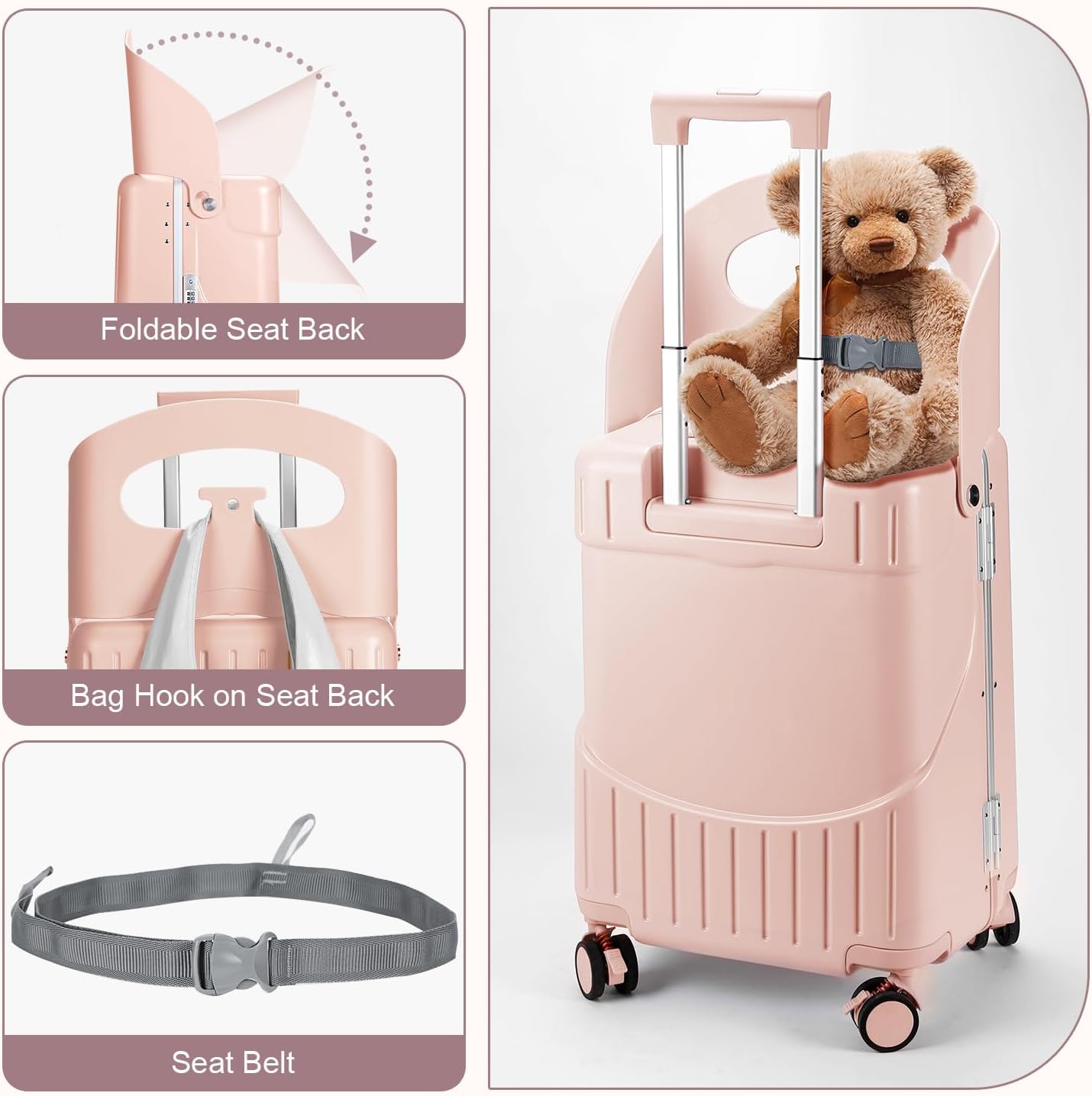 MRPLUM Ride On Luggage with Seat for Kids&Adults with Seat Belt,Hard Shell Lightweight Rolling Spinner Wheels Travel Luggage with TSA Lock,20 inch,Pink