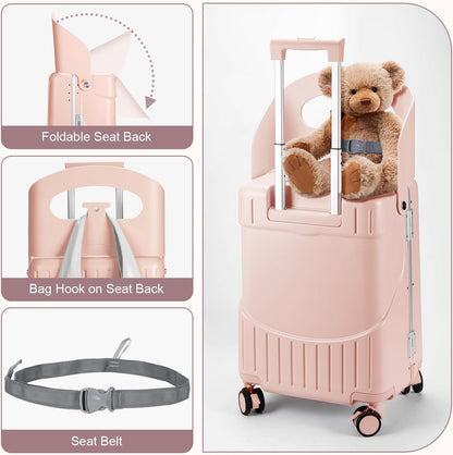 MRPLUM Ride On Luggage with Seat for Kids&Adults with Seat Belt,Hard Shell Lightweight Rolling Spinner Wheels Travel Luggage with TSA Lock,20 inch,Pink