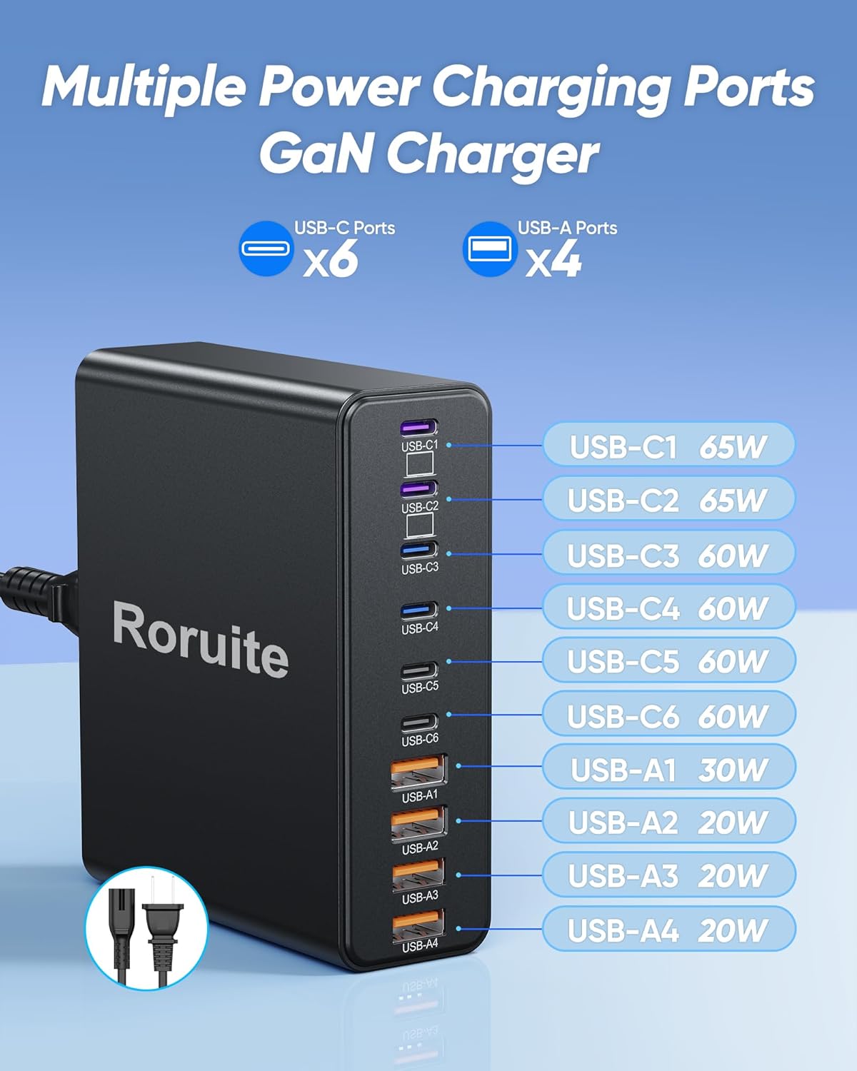 460W USB C Charger Block, 10-Port Charging Station GaN Fast Charger Block Type C & USB A Wall Charger, Dual 65W Laptop Multiport for iPhone, iPad, MacBook Pro/Air, Samsung Galaxy, Android(Black)
